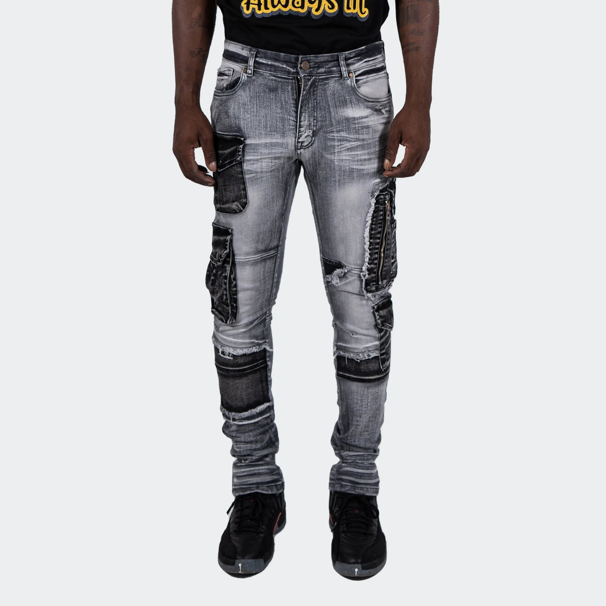 Men's TWO MILL TWENTY Winchester Slim Skinny Acid Wash Cargo Pocket Urban Streetwear Designer Denim Jeans Grey Acid