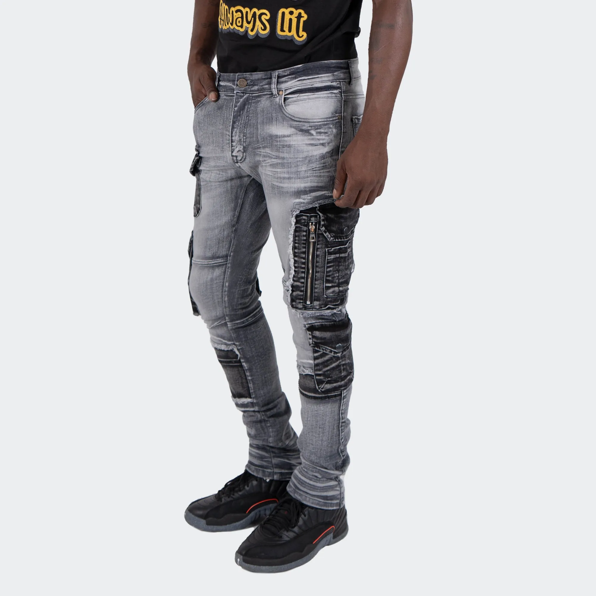 Men's TWO MILL TWENTY Winchester Slim Skinny Acid Wash Cargo Pocket Urban Streetwear Designer Denim Jeans Grey Acid