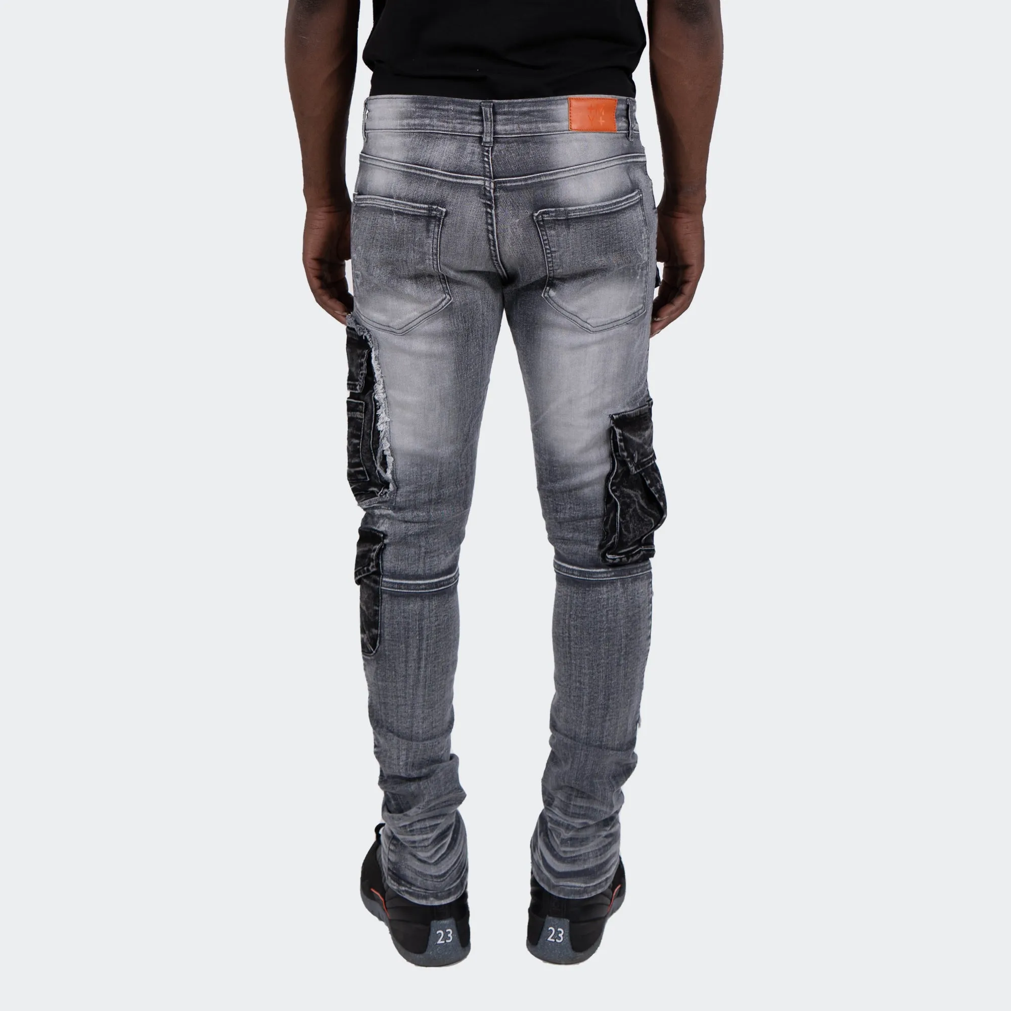 Men's TWO MILL TWENTY Winchester Slim Skinny Acid Wash Cargo Pocket Urban Streetwear Designer Denim Jeans Grey Acid