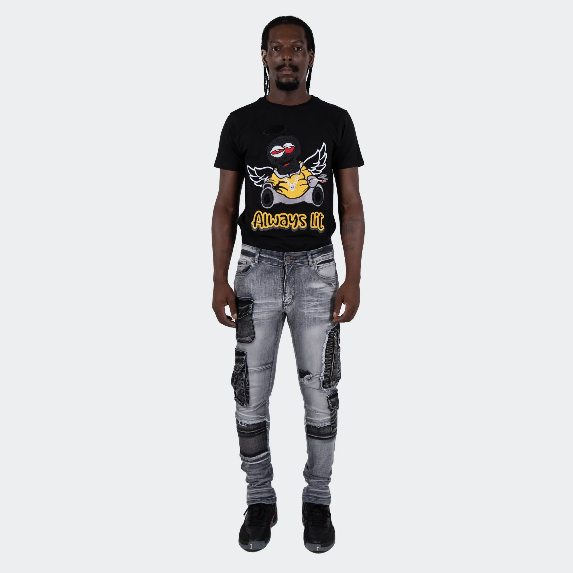 Men's TWO MILL TWENTY Winchester Slim Skinny Acid Wash Cargo Pocket Urban Streetwear Designer Denim Jeans Grey Acid