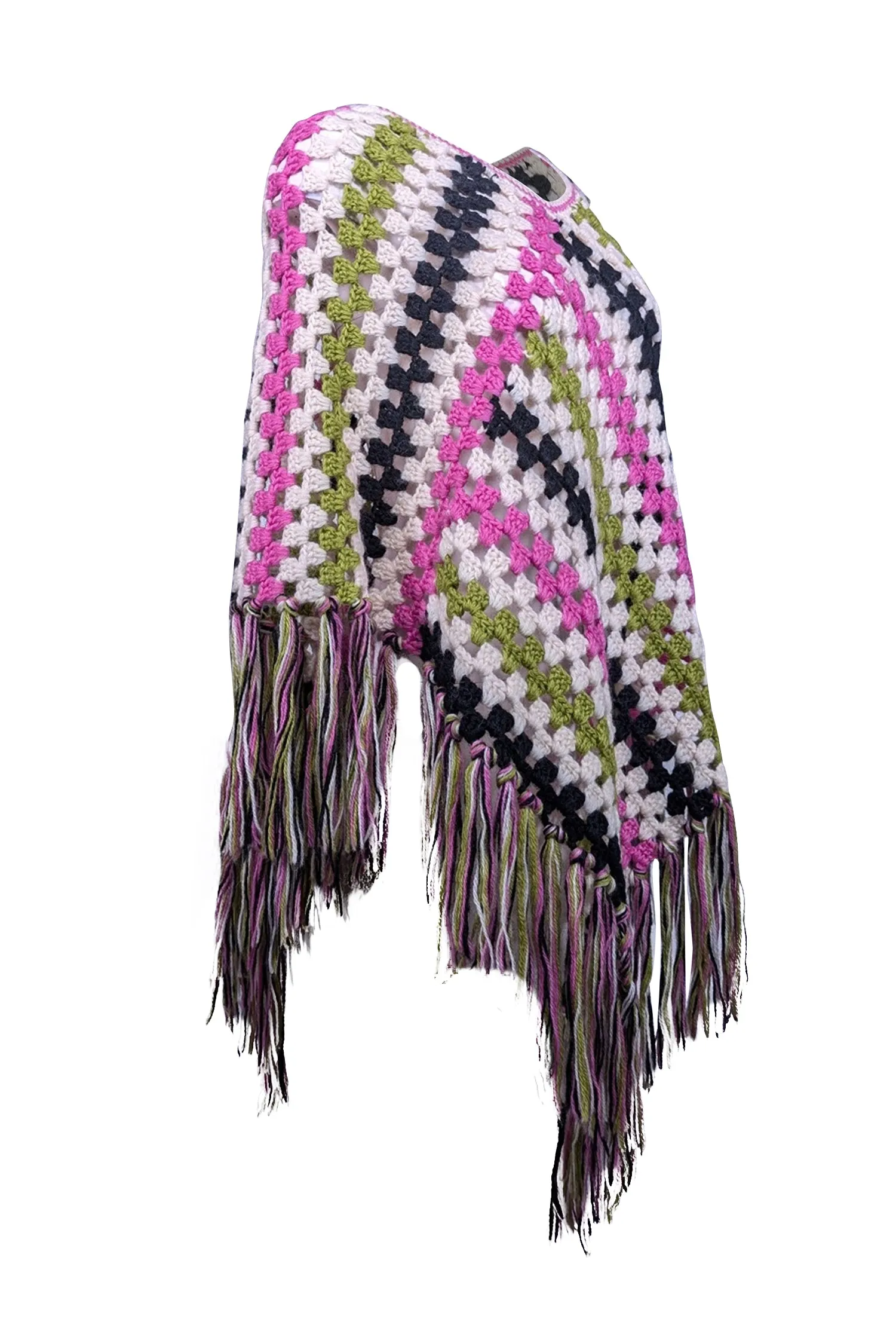 Milly - Pink, White, Green, & Black Wool Fringe Trim Poncho One Size