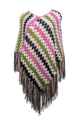 Milly - Pink, White, Green, & Black Wool Fringe Trim Poncho One Size