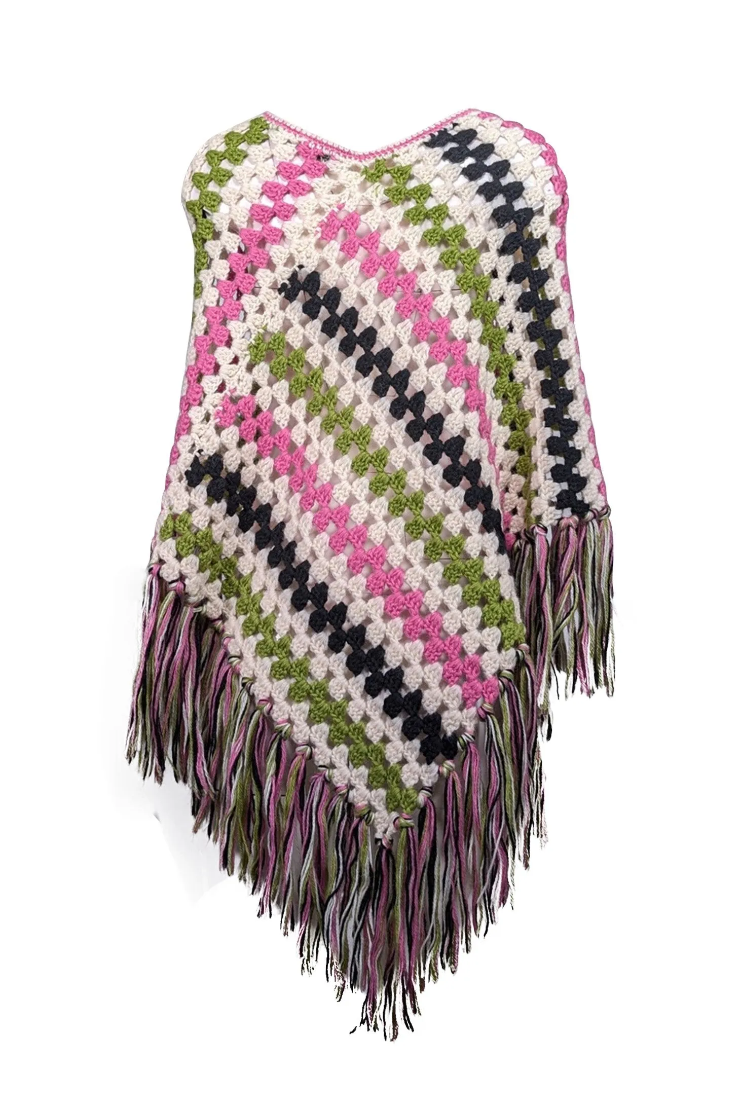 Milly - Pink, White, Green, & Black Wool Fringe Trim Poncho One Size