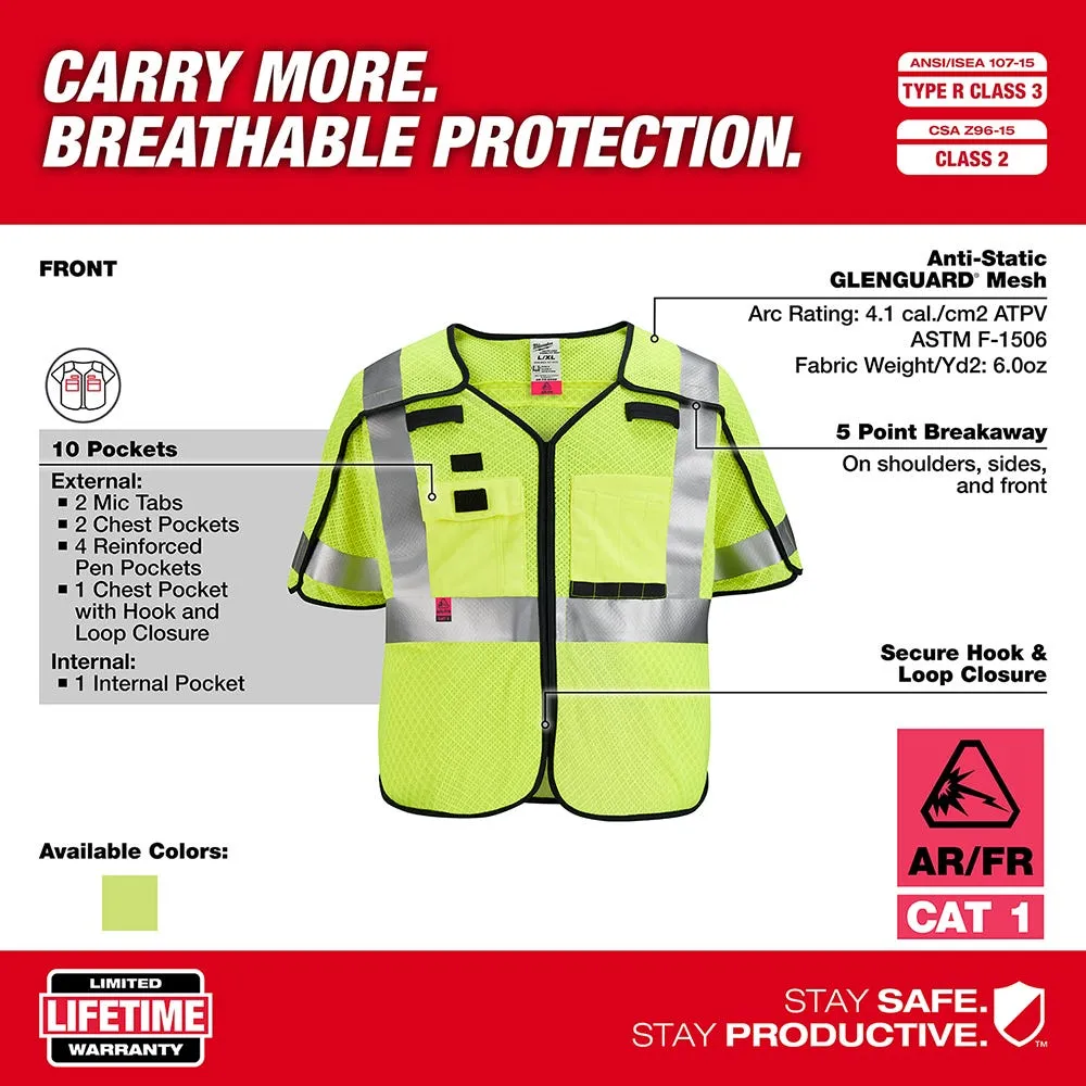 Milwaukee Tools AR/FR Cat. 1 Class 3 Breakaway Mesh Safety Vest ANSI/CSA High Vis 48-73-523