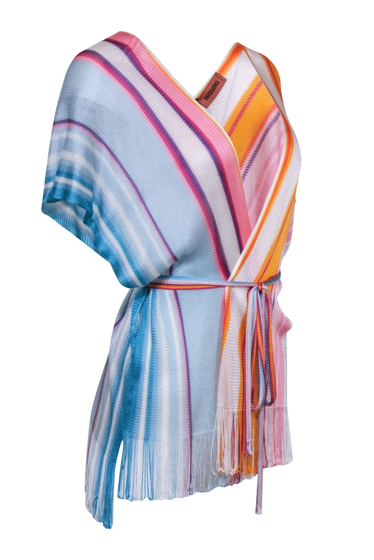 Missoni - Blue Multi Striped Open Front Waist Tie Poncho Sz One Size