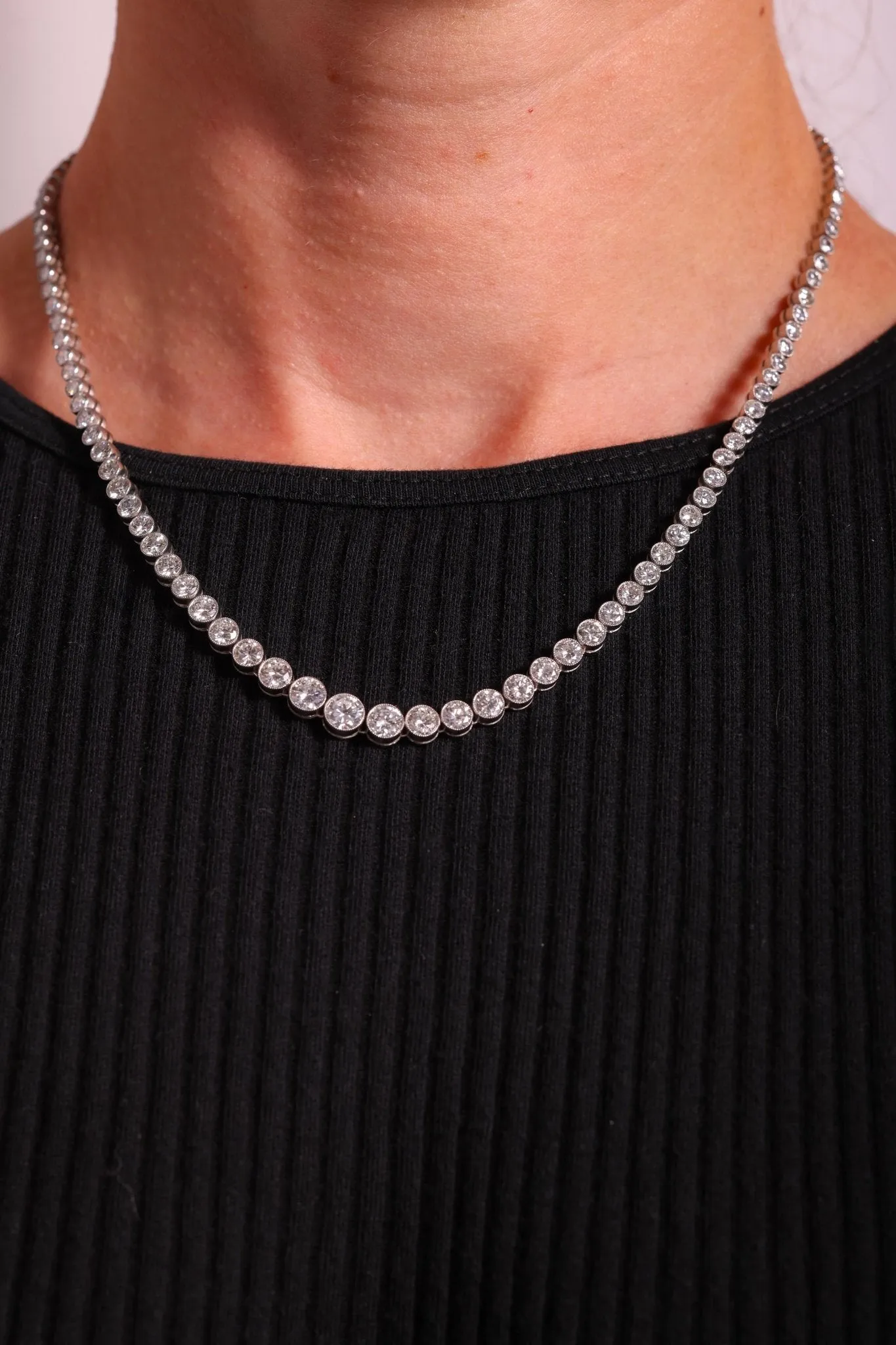 Modern 14.21 Carat Round Brilliant Cut Diamond Platinum Tennis Necklace