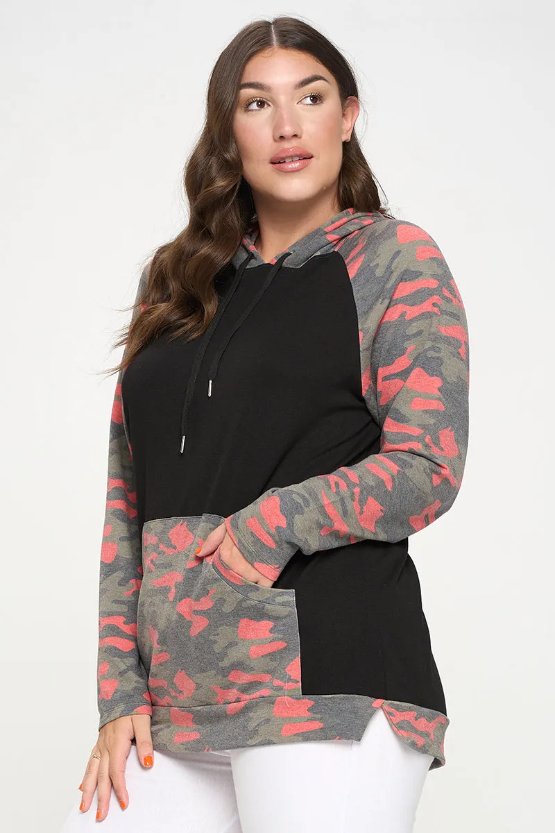 Plus Size Reignite Camo Long Sleeve Pocket Hoodie