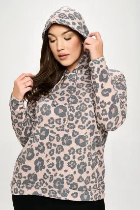 Plus Size Washed Leopard Print Pocket Hoodie