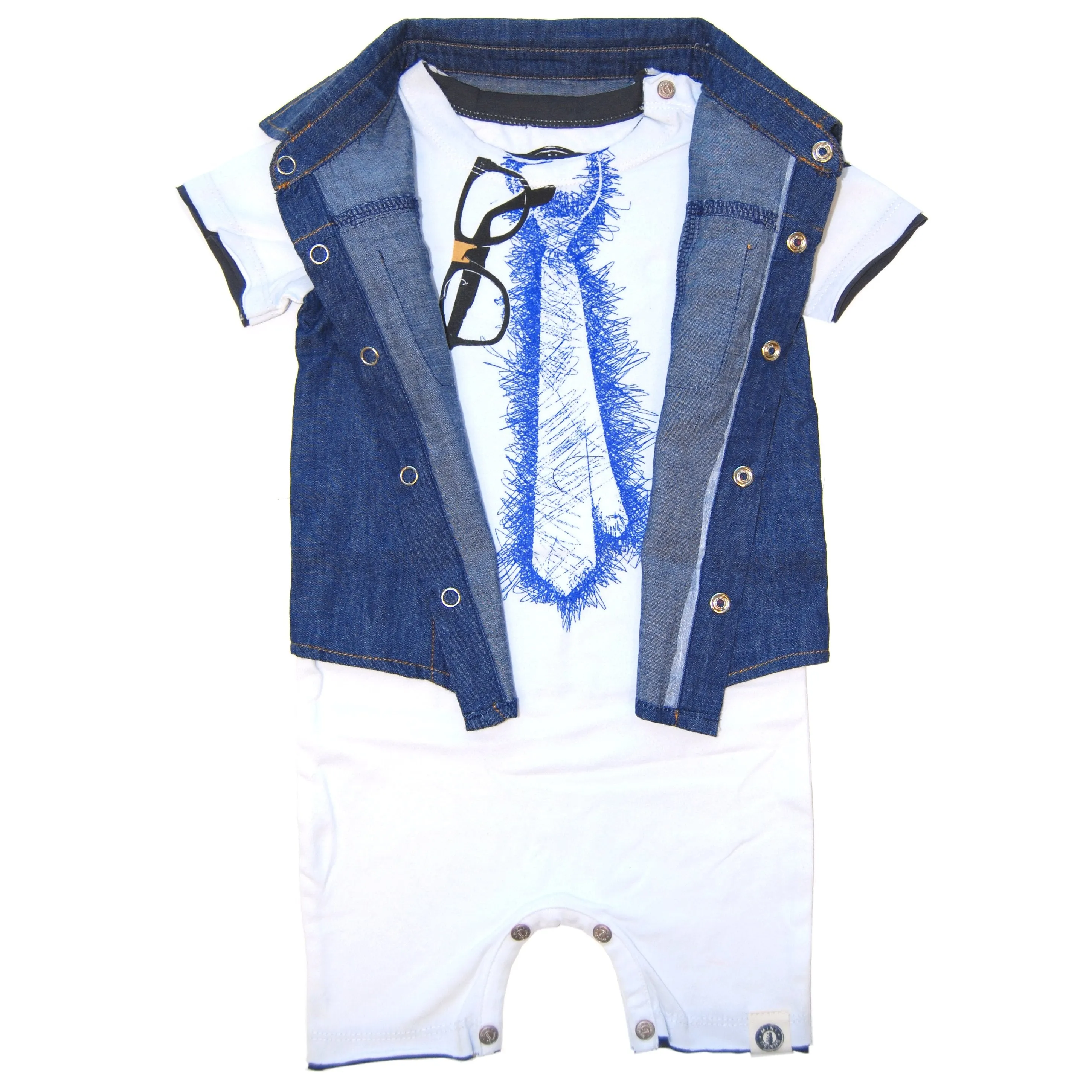 Real Denim Vest Scribble Tie Romper by: Mini Shatsu