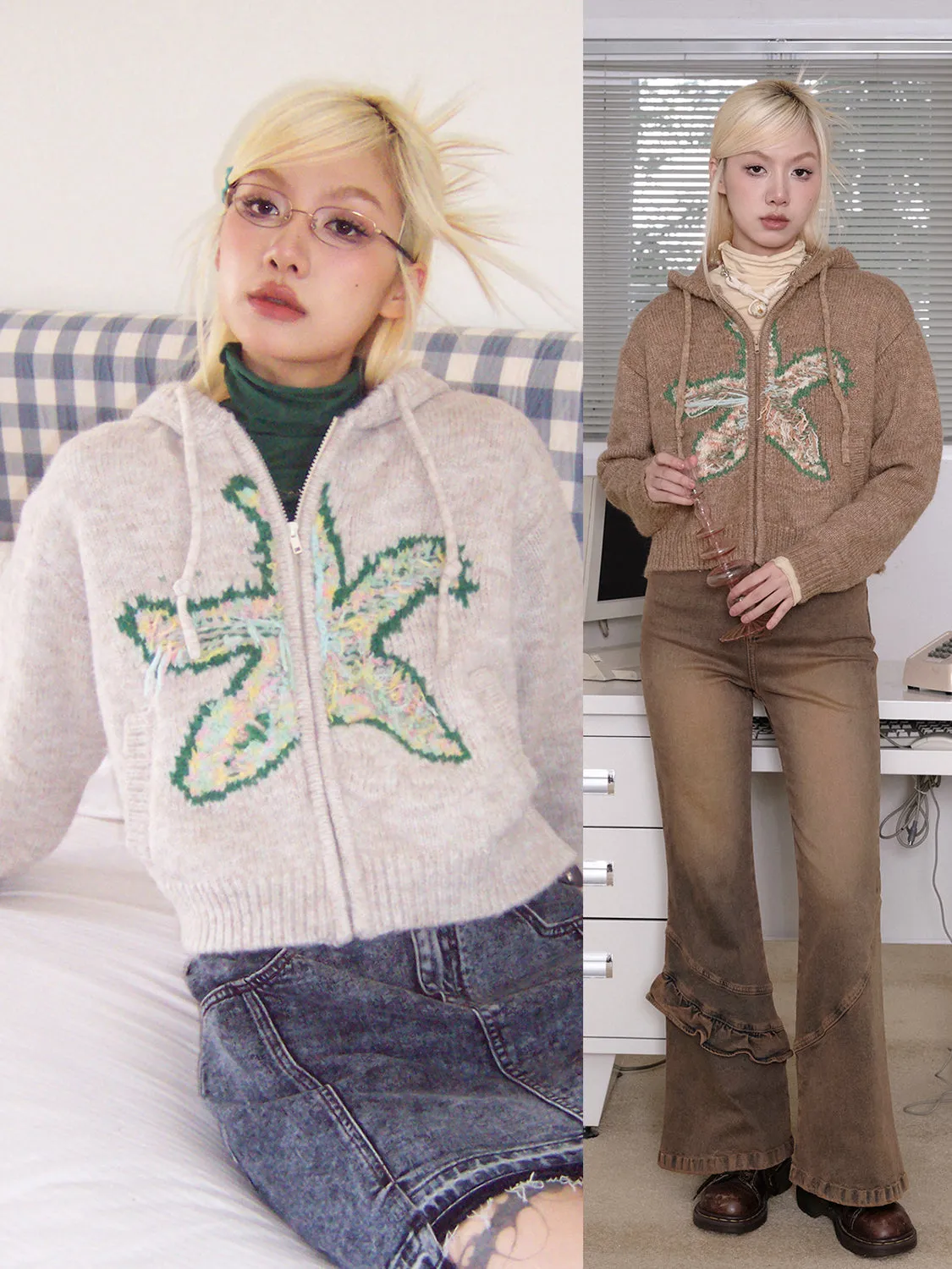 Retro Hoodie Knit Damage Cardigan