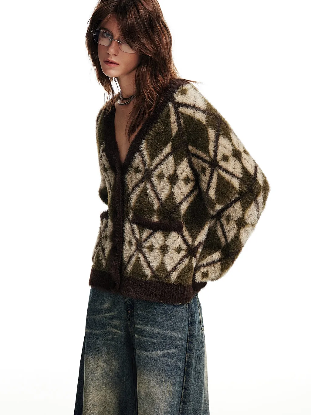 Retro V-Neck Loose Chic Mohair-Knit Cardigan