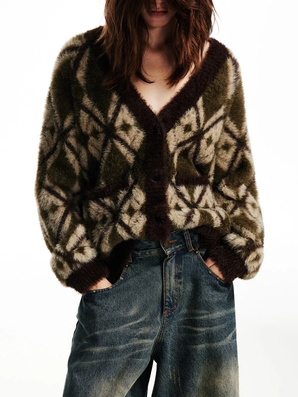 Retro V-Neck Loose Chic Mohair-Knit Cardigan