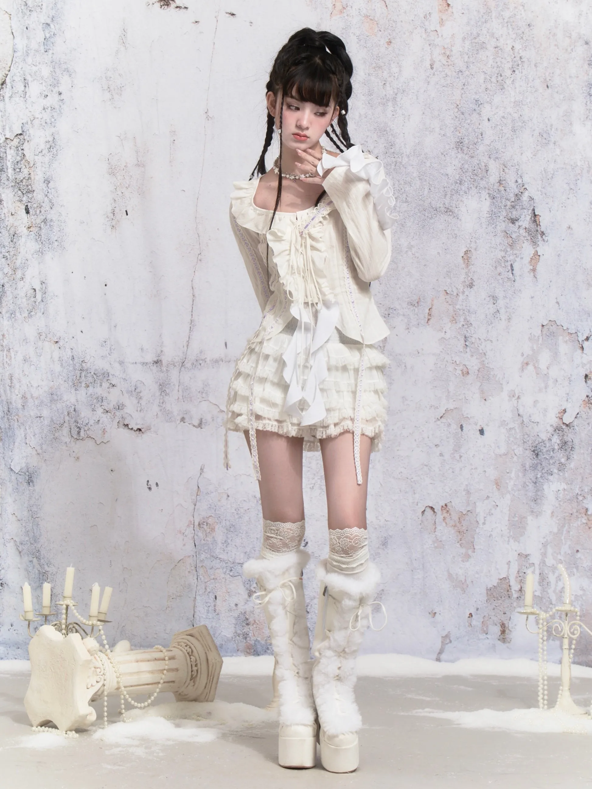 Ruffle Lace Strap Short Cardigan