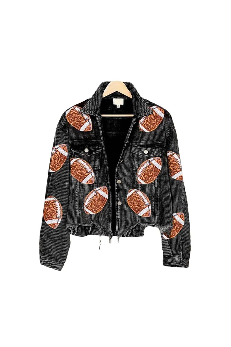 Sequin FOOTBALL Patch Cropped CORDUROY Shacket