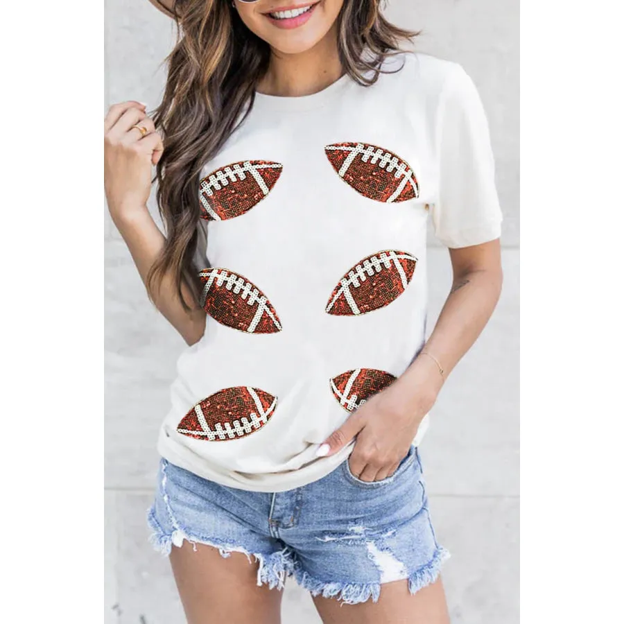 Sequin Football Round Neck Short Sleeve T-Shirt