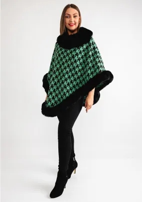 Serafina Collection Houndstooth Faux Fur Trim One Size Poncho, Green