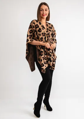 Serafina Collection Leopard Knit One Size Poncho, Camel