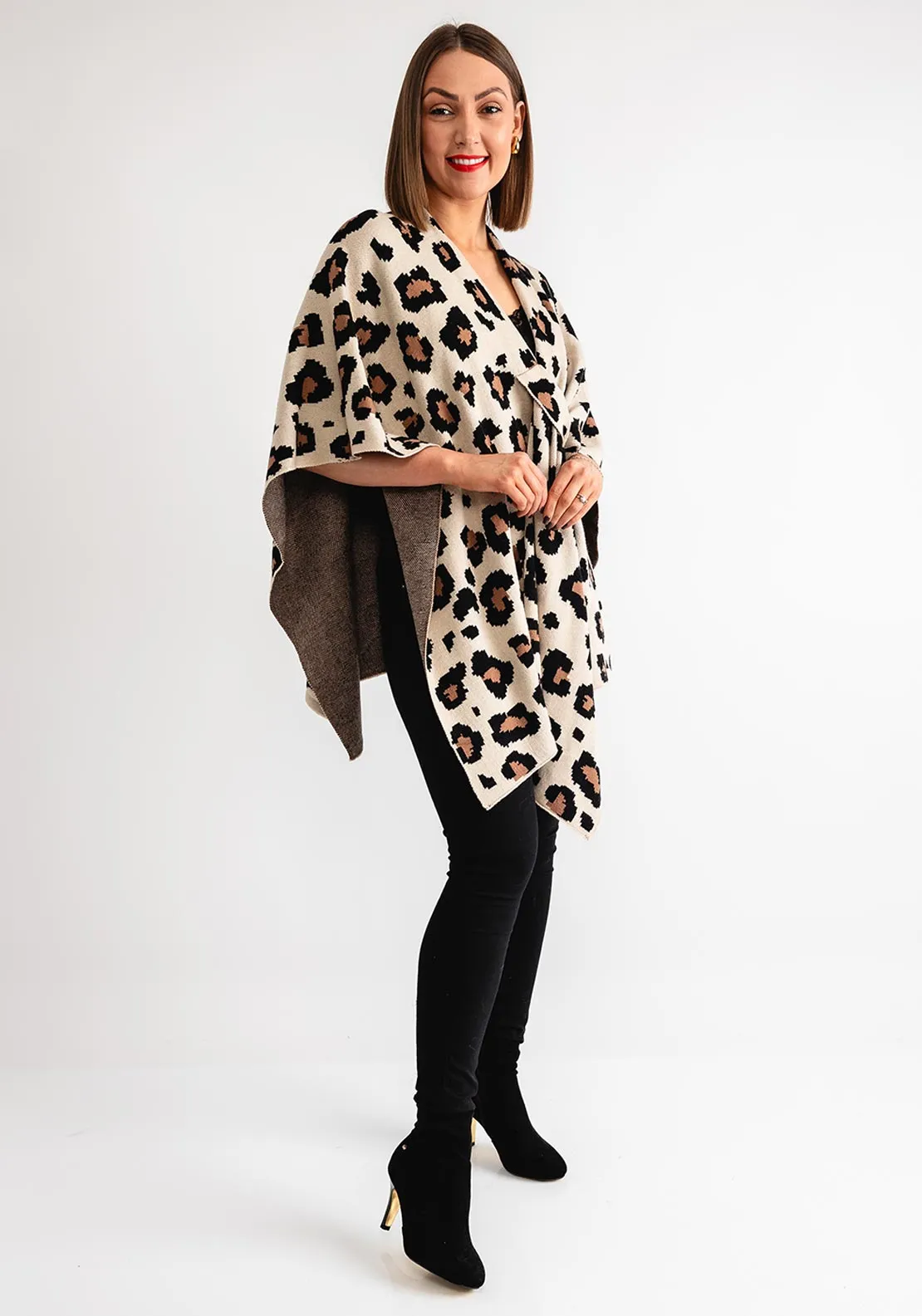 Serafina Collection Leopard Knit Poncho, Beige