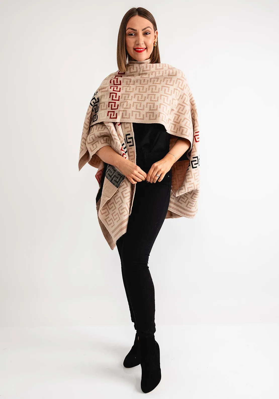 Serafina Collection Printed Knit One Size Poncho, Beige