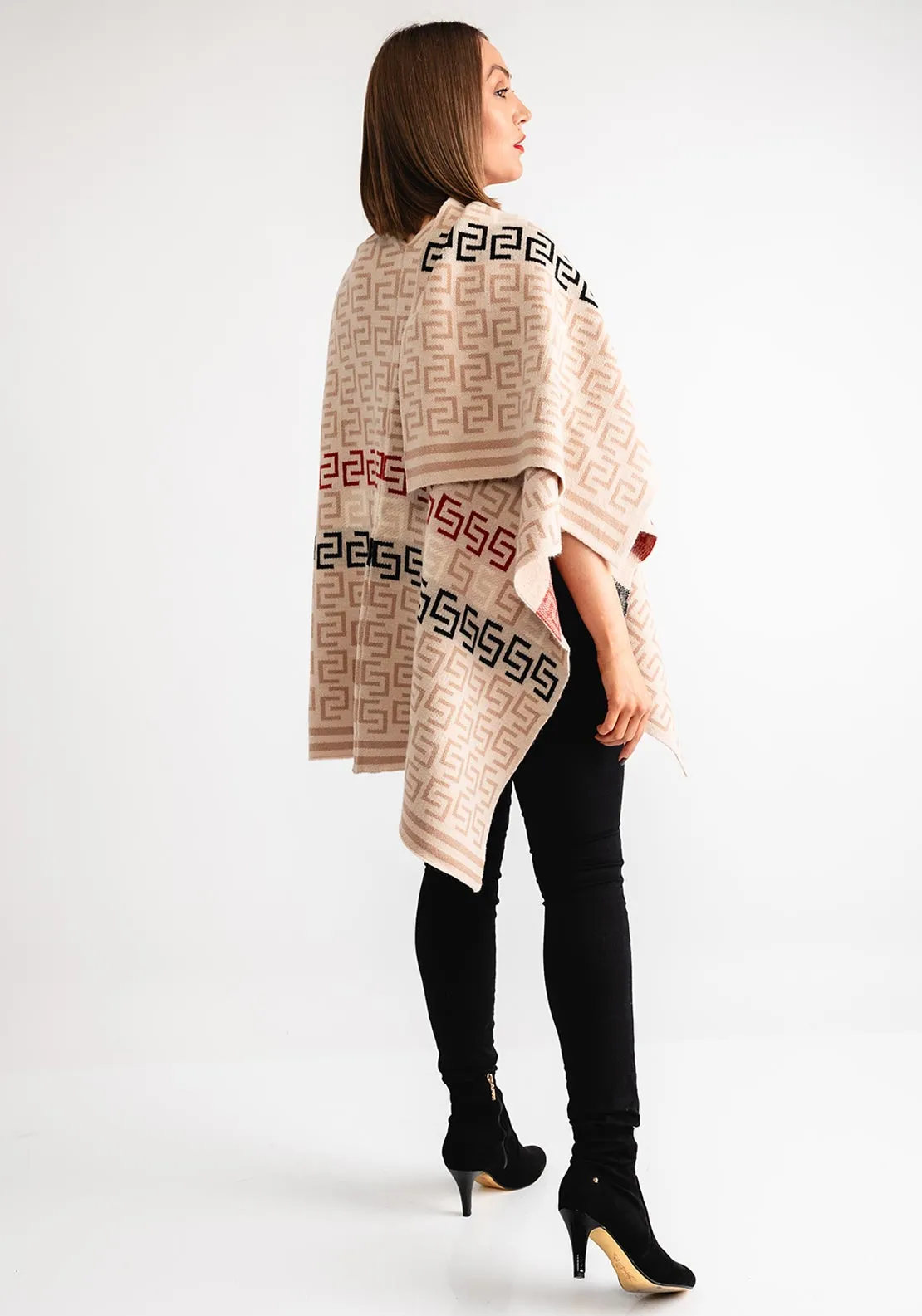 Serafina Collection Printed Knit One Size Poncho, Beige