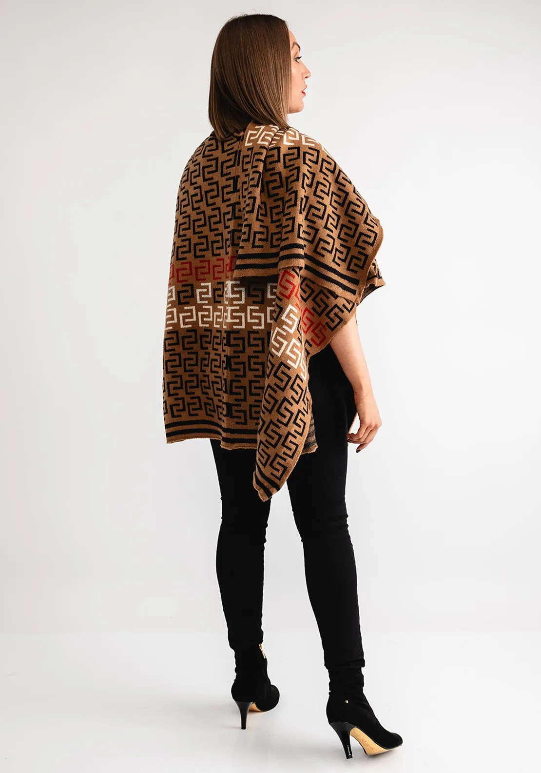 Serafina Collection Printed Knit One Size Poncho, Camel