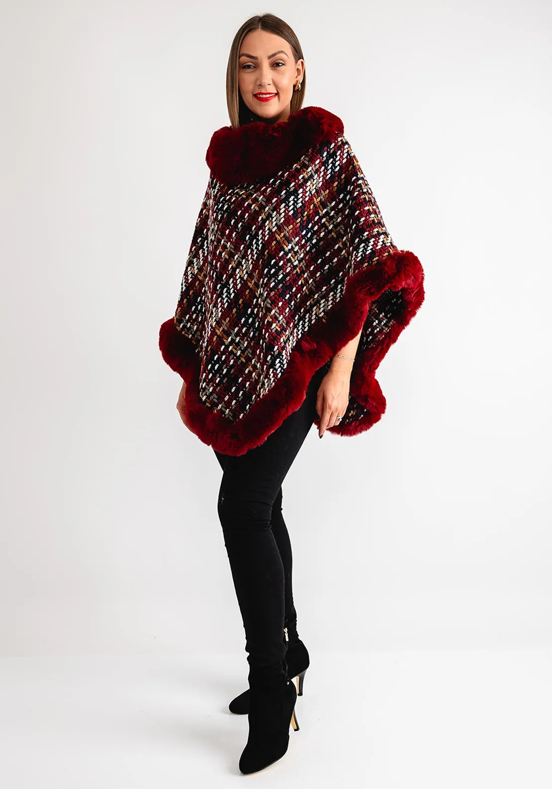 Serafina Collection Tartan Faux Fur One Size Poncho, Bordeaux