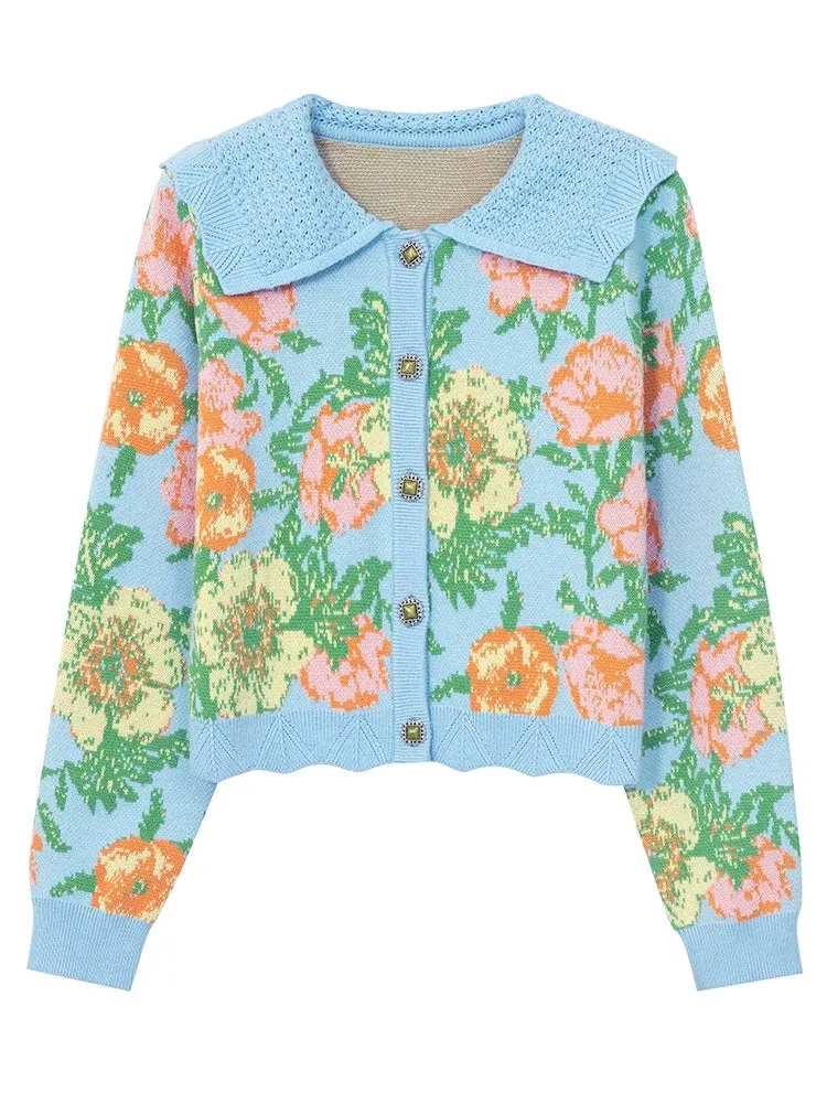 Short Flower Knitted Jacquard Cardigan