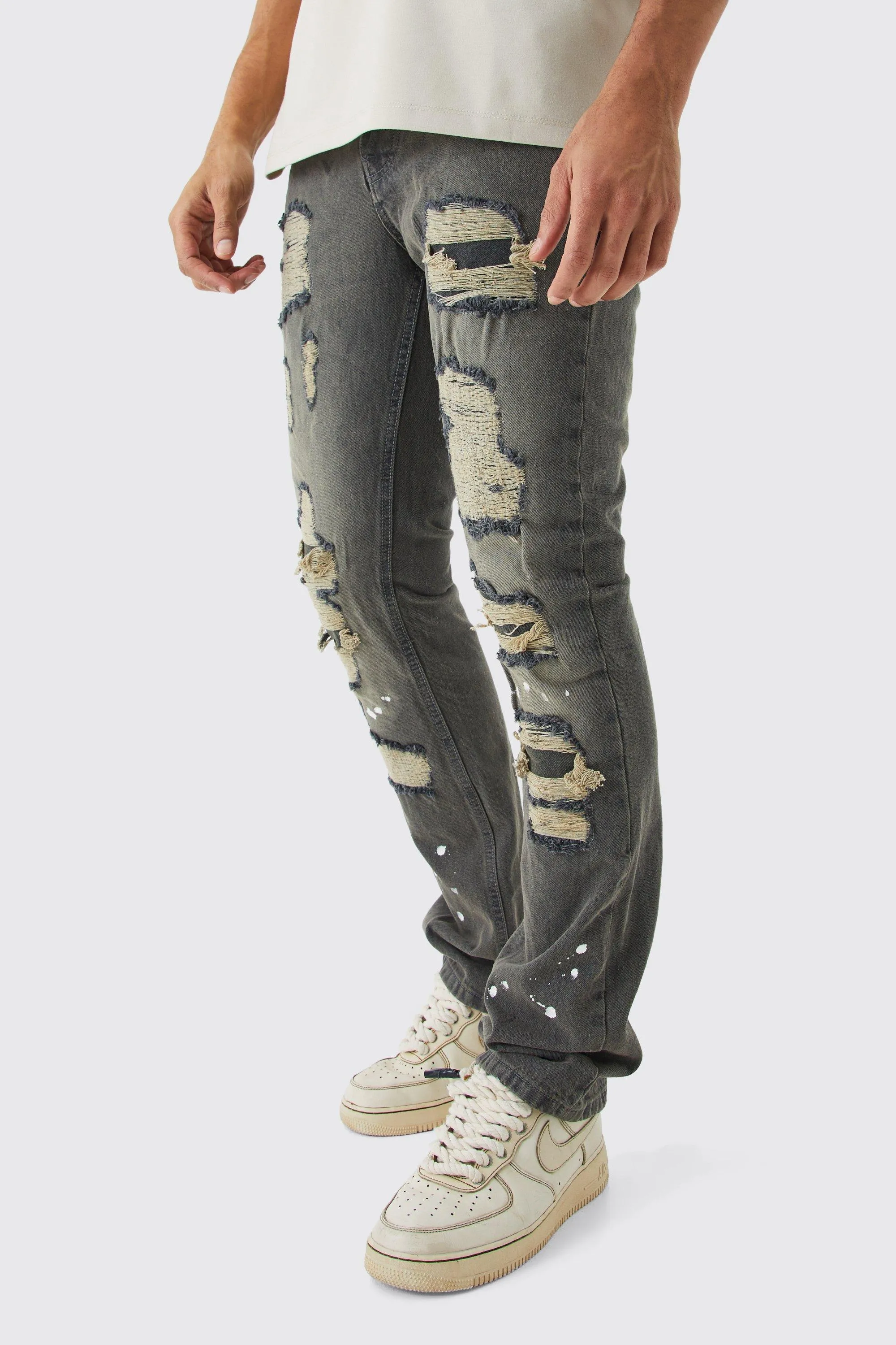 Slim Rigid Flare Rip & Repair Bleached Jeans