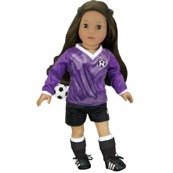 Sophia's by Teamson Kids 18'' Doll Soccer Outfit, Ball, Socks, Cleats & Shin Guards, Purple/Black