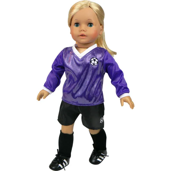 Sophia's by Teamson Kids 18'' Doll Soccer Outfit, Ball, Socks, Cleats & Shin Guards, Purple/Black