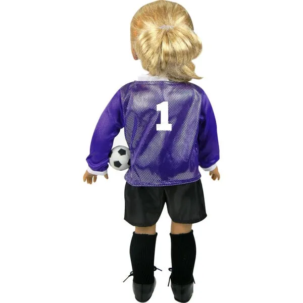 Sophia's by Teamson Kids 18'' Doll Soccer Outfit, Ball, Socks, Cleats & Shin Guards, Purple/Black