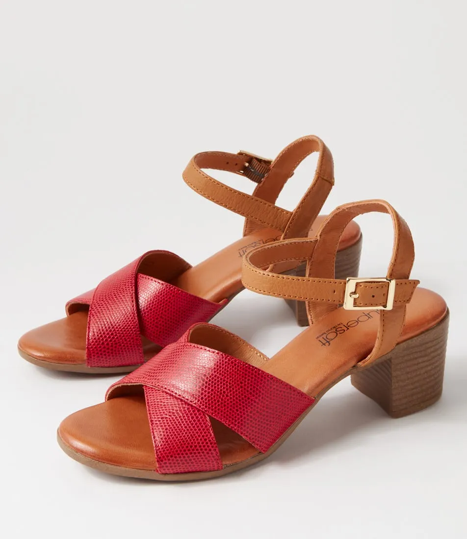 SUPERSOFT Lotions Red New Tan Lizard Leather Sandals