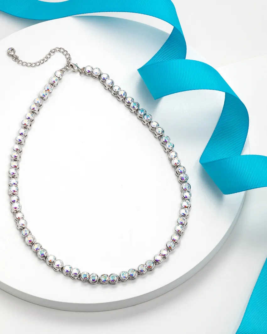 Timeless Rhodium Plated Tennis Necklace in Aurora Borealis - callura