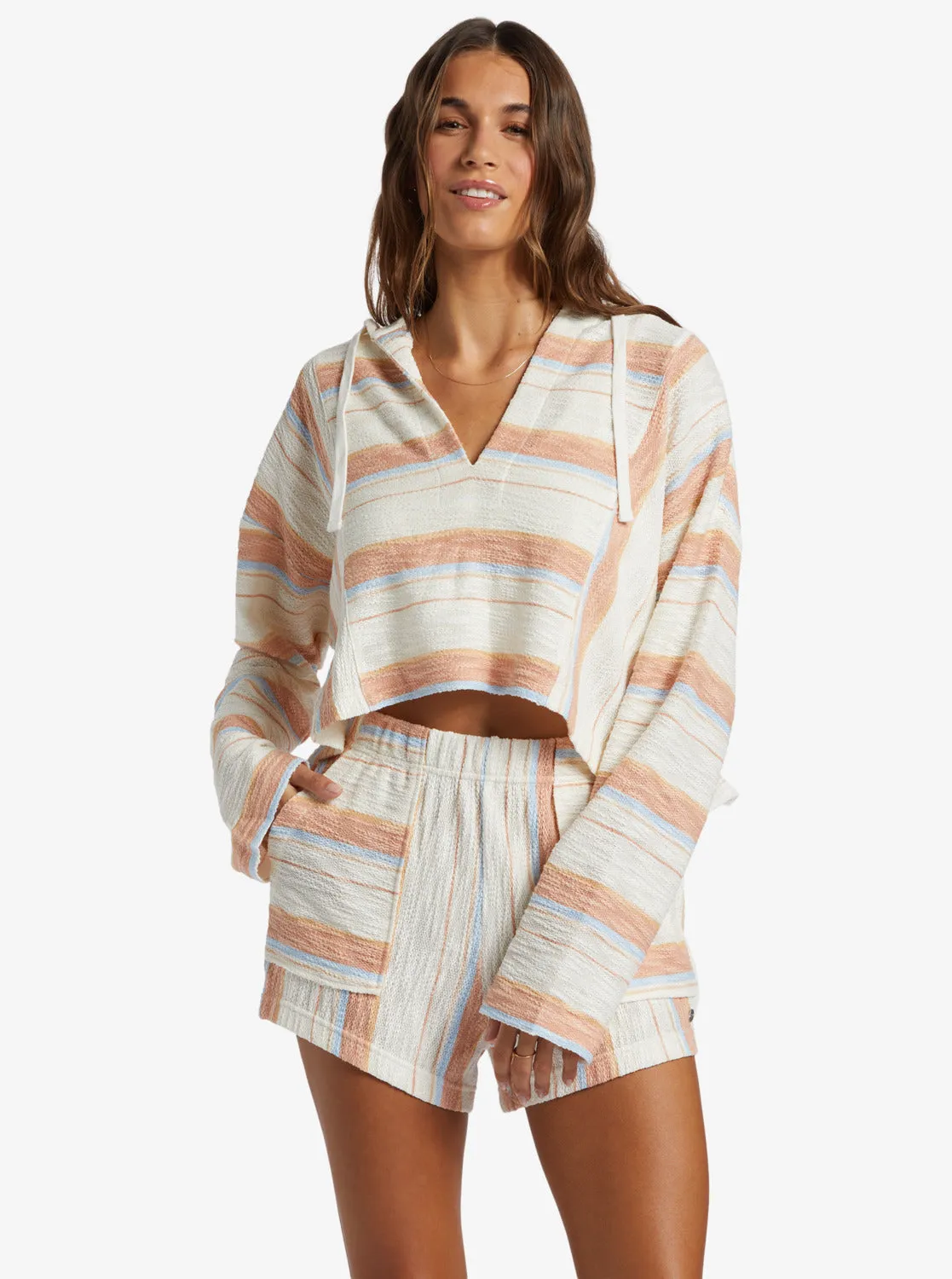 Todos Santos Poncho Style Hoodie - Cafe Creme Beach Blissed Strip