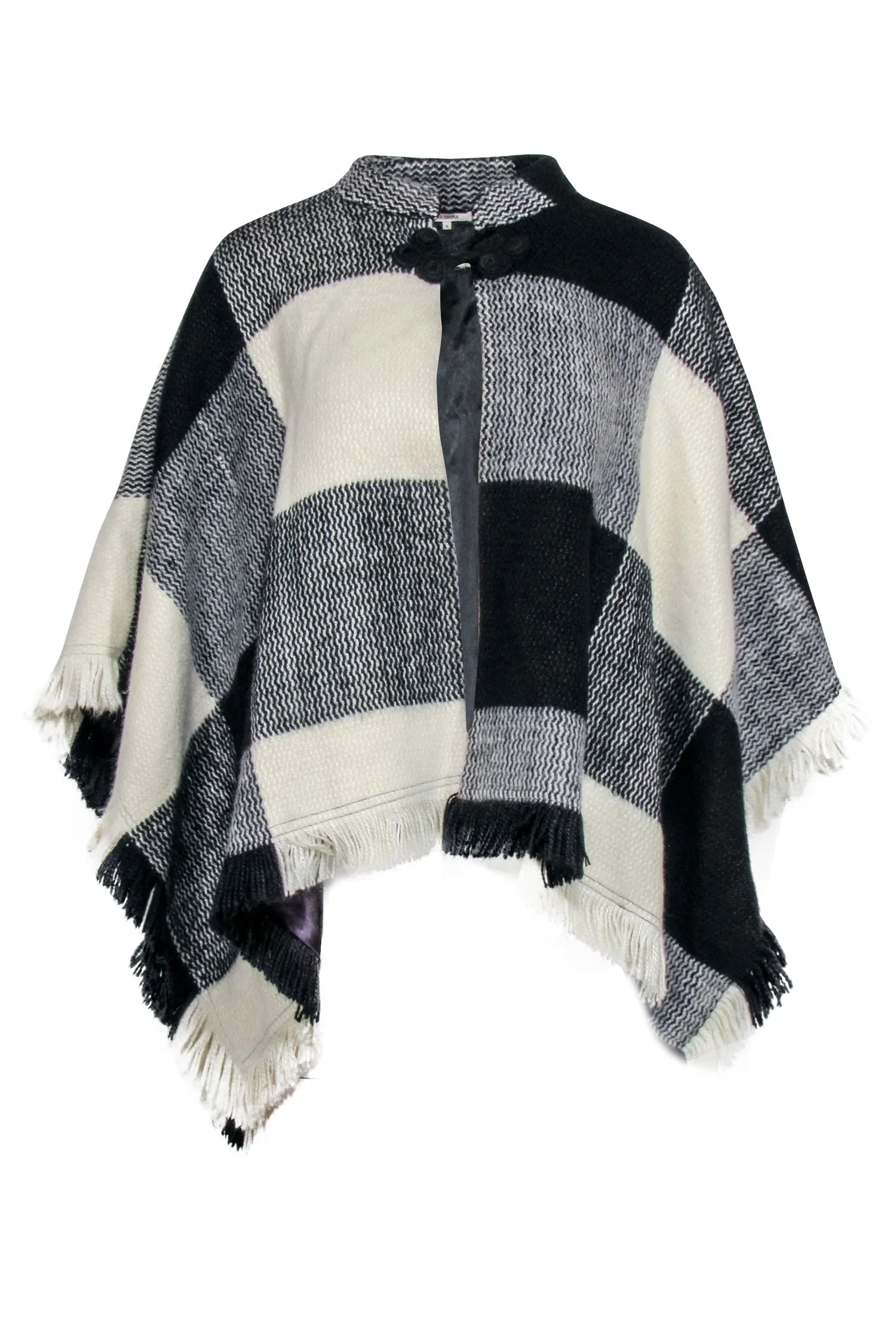 Tularosa - Fringed Black & White Checkered Print Poncho Sz S