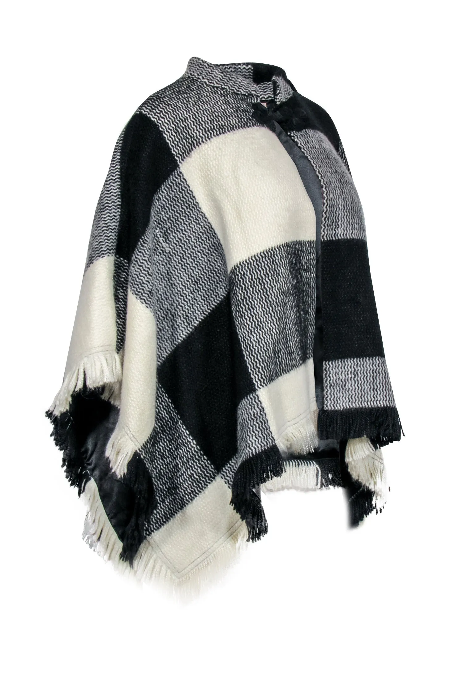 Tularosa - Fringed Black & White Checkered Print Poncho Sz S