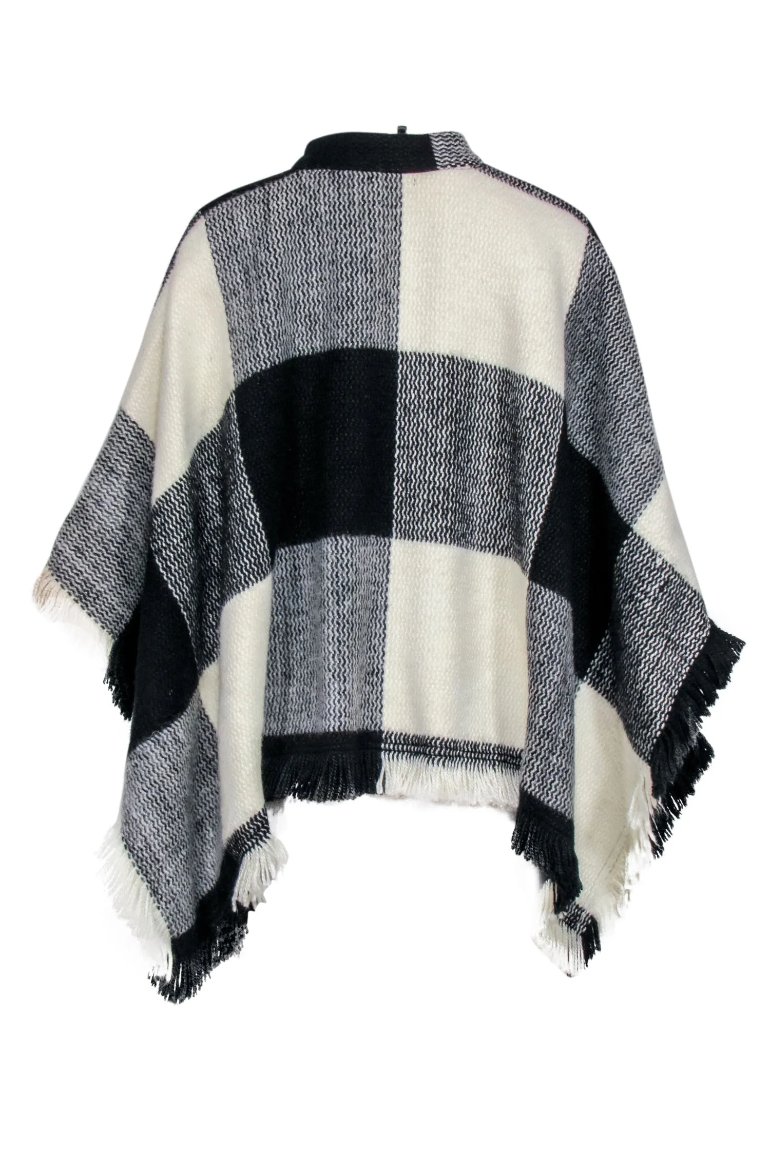 Tularosa - Fringed Black & White Checkered Print Poncho Sz S