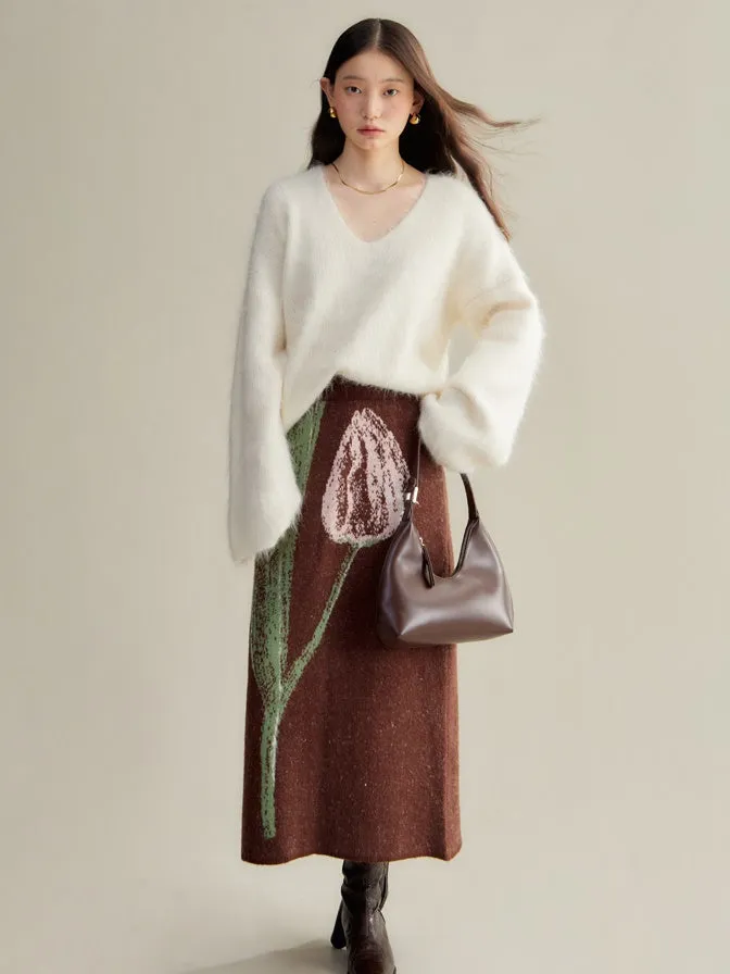 Tulip Contrasting Color Knitted Cardigan & Skirt