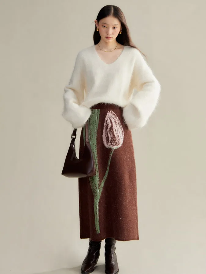 Tulip Contrasting Color Knitted Cardigan & Skirt