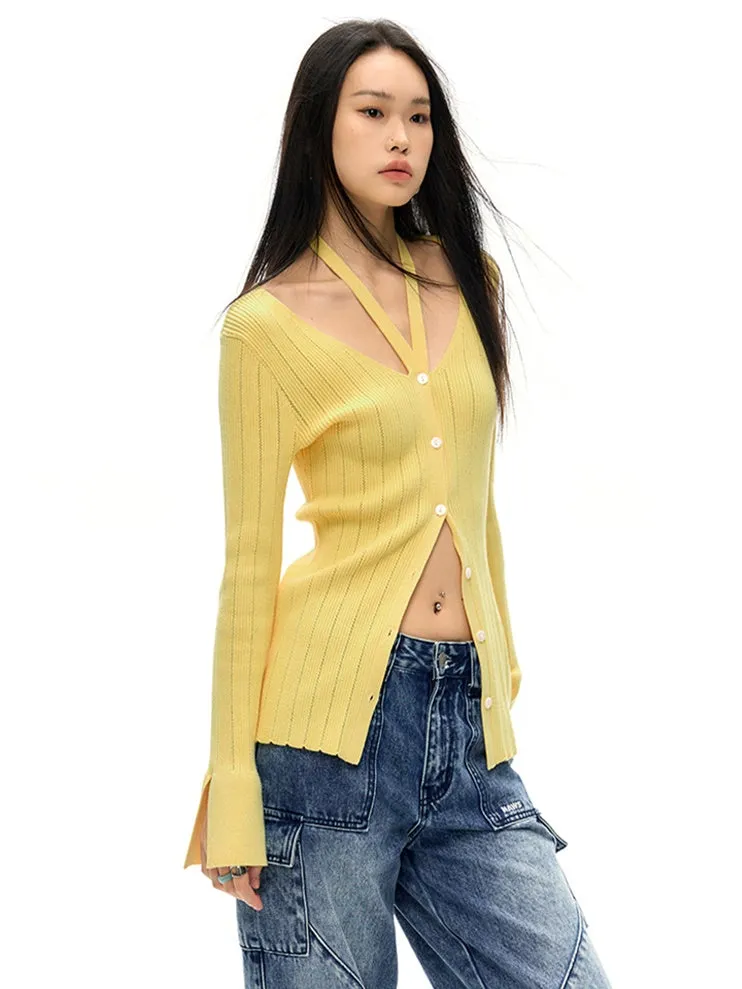 V-neck Halterneck Slim Knitted Cardigan