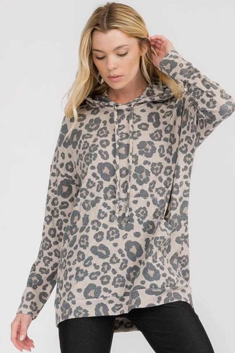 Washed Leopard Print Pocket Hoodie