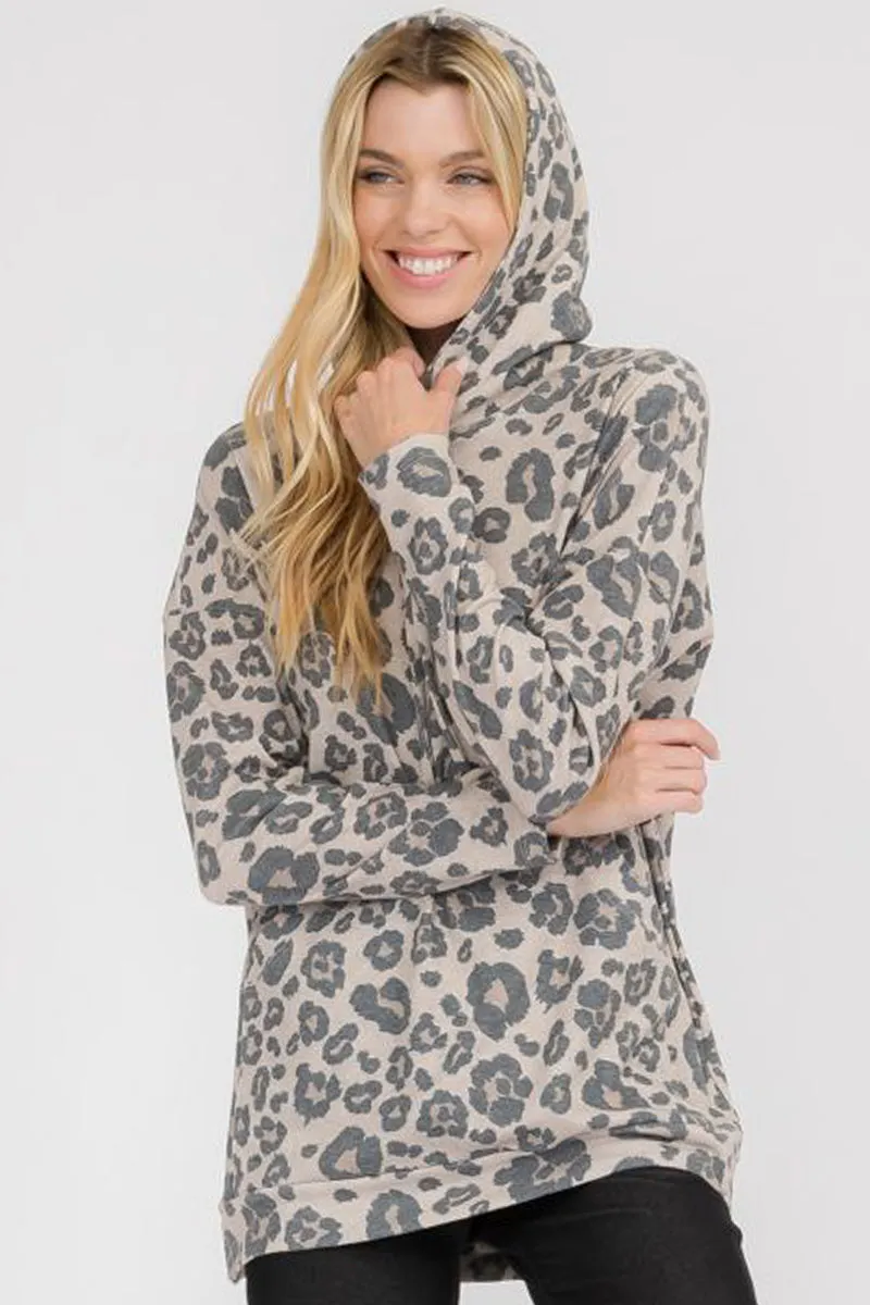 Washed Leopard Print Pocket Hoodie