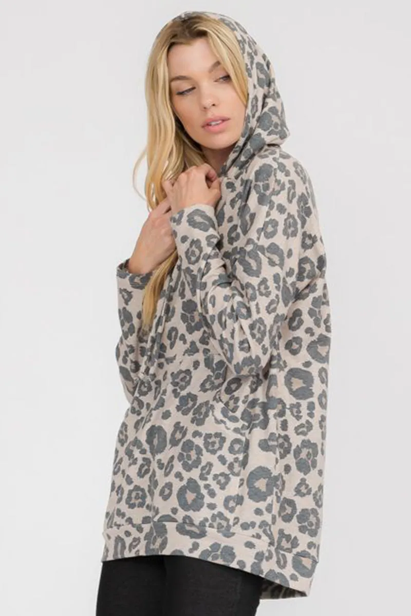 Washed Leopard Print Pocket Hoodie