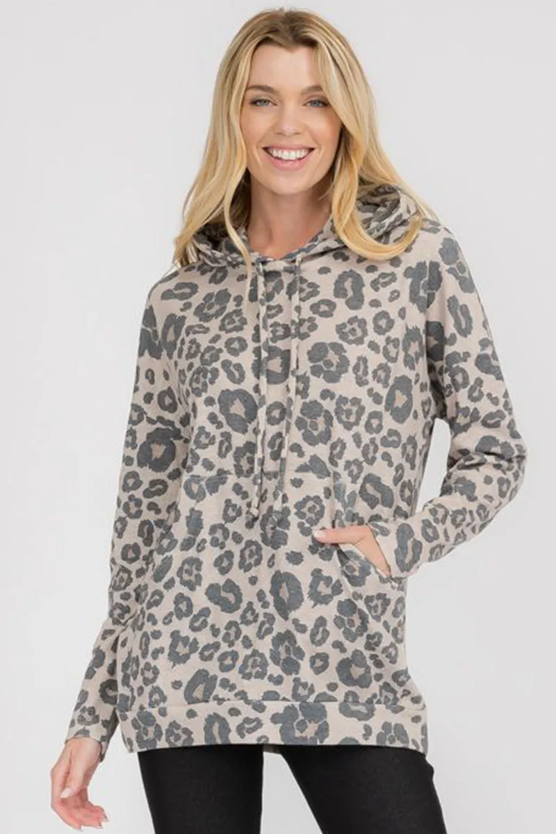 Washed Leopard Print Pocket Hoodie