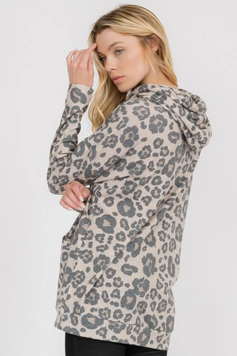 Washed Leopard Print Pocket Hoodie