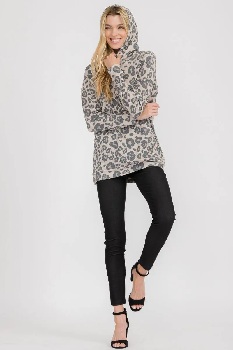 Washed Leopard Print Pocket Hoodie