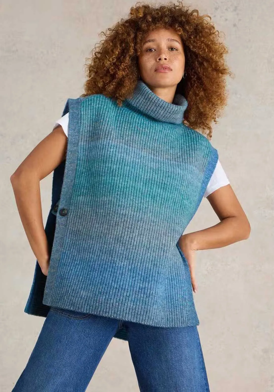 White Stuff Spacedye Knitted Poncho. Blue Multi