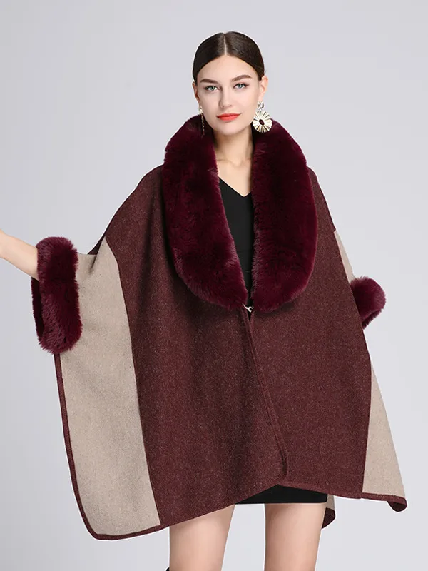 Women Poncho Designed Neckline Burgundy Poncho Layered Faux Fur Cape