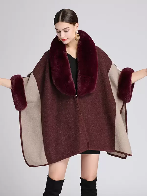 Women Poncho Designed Neckline Burgundy Poncho Layered Faux Fur Cape