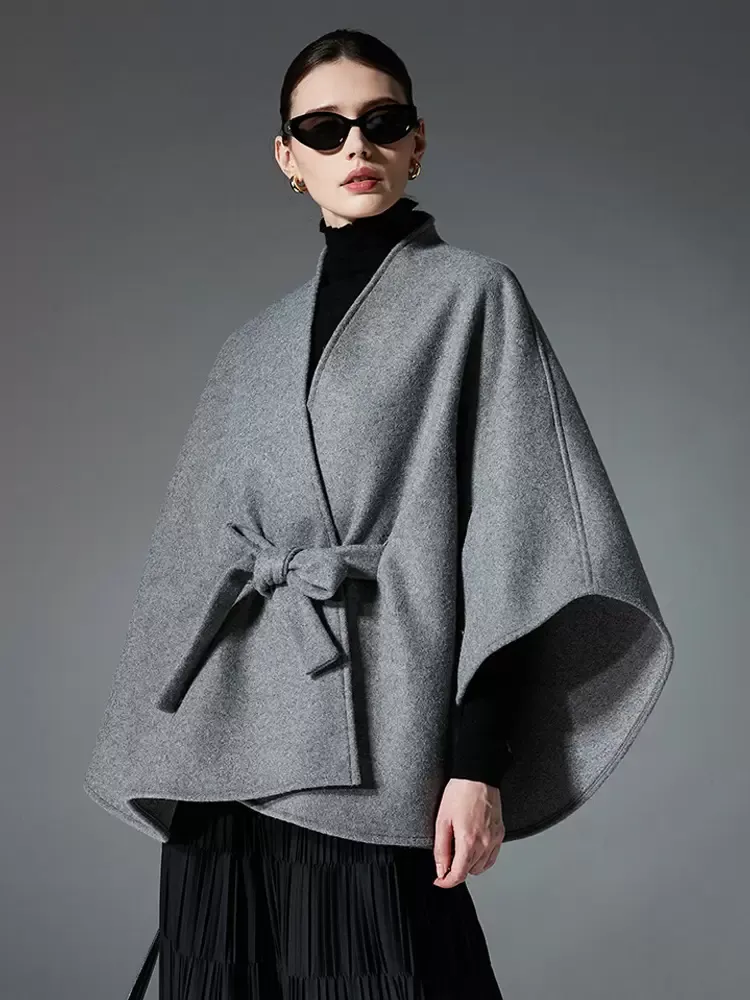 Women Poncho Designed Neckline Gray Poncho Cape